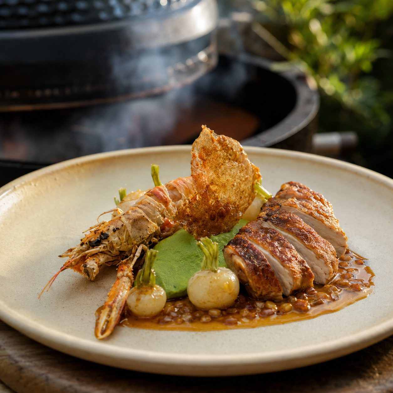 Theegerookte kip supreme met langoustine, schaaldierensaus, doperwt en meiraap