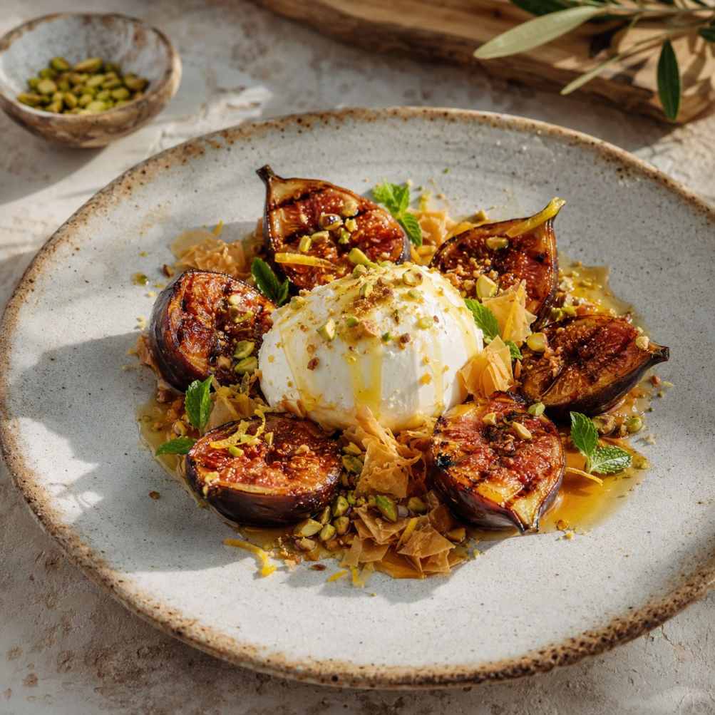 Gegrilde vijgen met Griekse yoghurt, honing en pistache