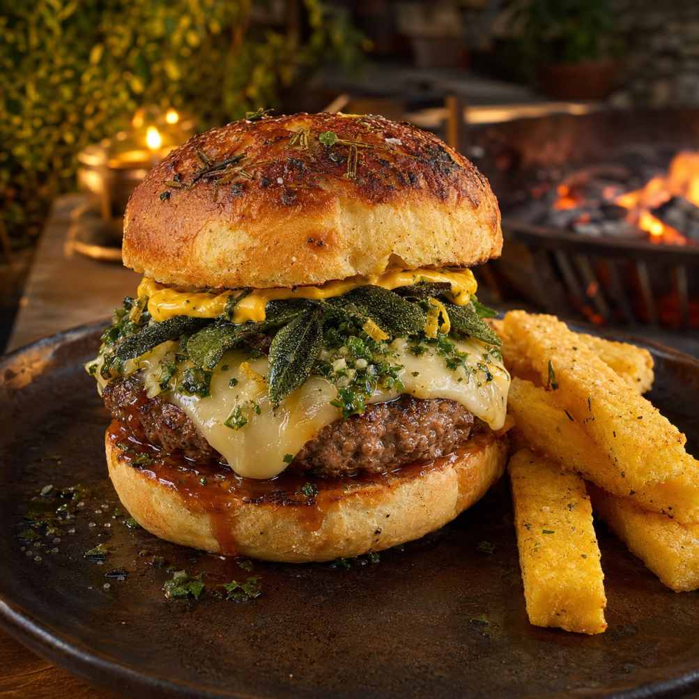 Italiaanse kalfsburger met Taleggio en saffraanaioli