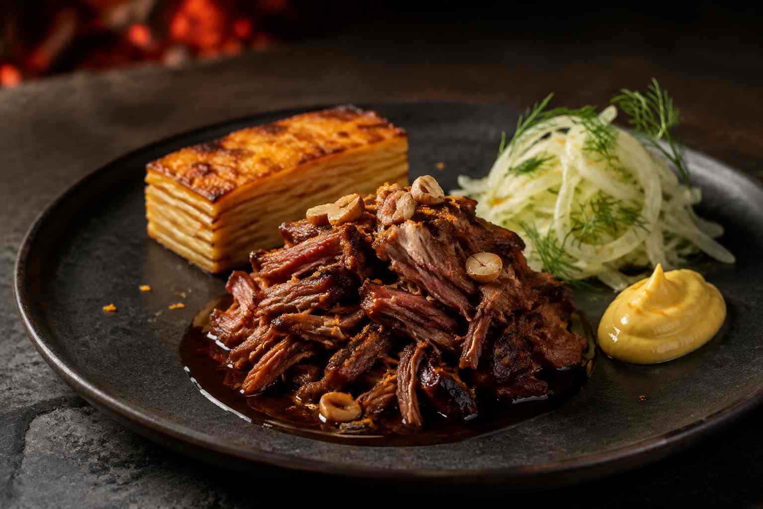 Pulled pork Ibérico-stijl met PX-jus, saffraanaïoli en krokante aardappel