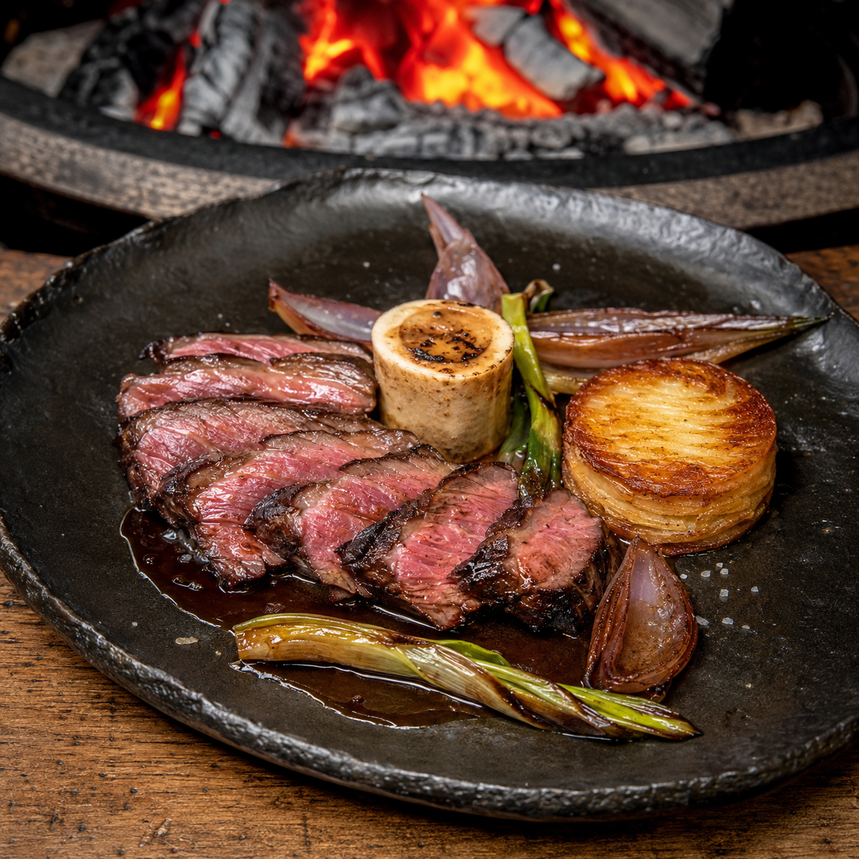 Wagyu bavette met mergcustard, gerookte sjalot, pommes Anna en rodewijnjus