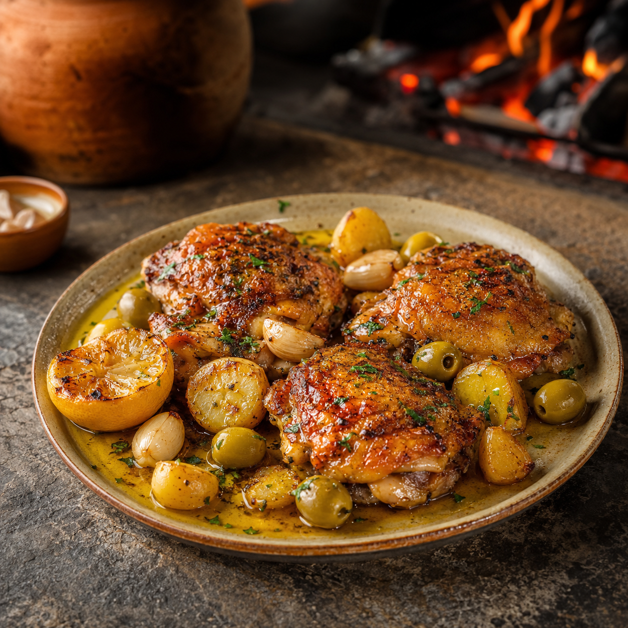 Pollo al ajillo met saffraan en gegrilde citroen