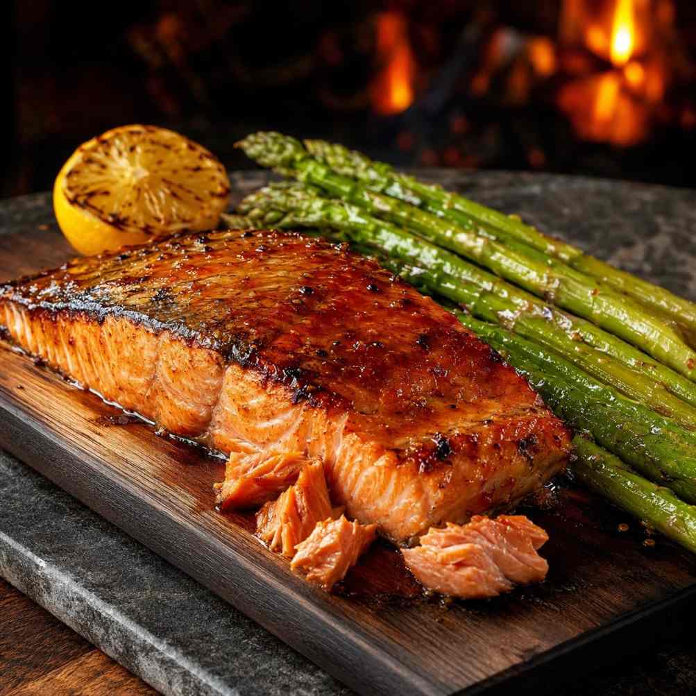 Cedar-plank zalm met maple-miso glaze