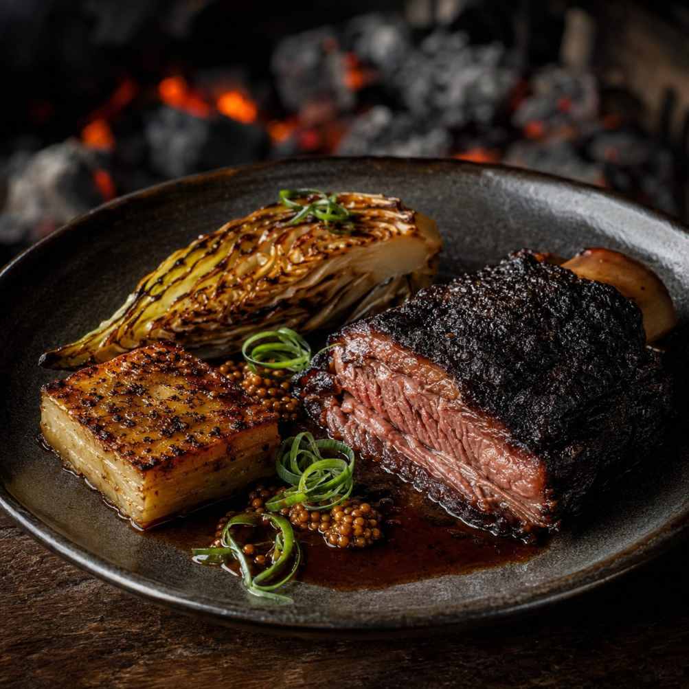 Koji short rib met zwarte-knoflookjus, spitskool en sesam-aardappelpavé