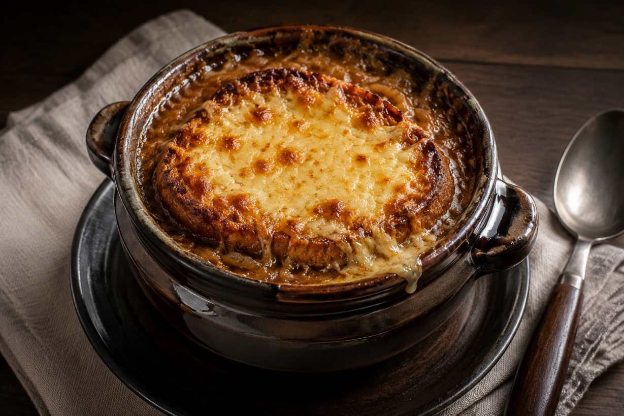 Franse uiensoep met gegratineerde Comté
