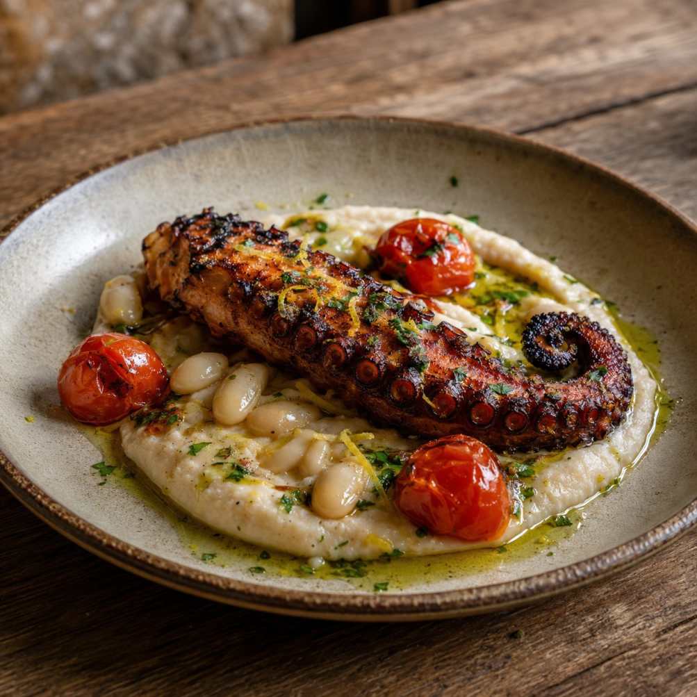 Polpo alla brace met cannellinibonen en geroosterde tomaat