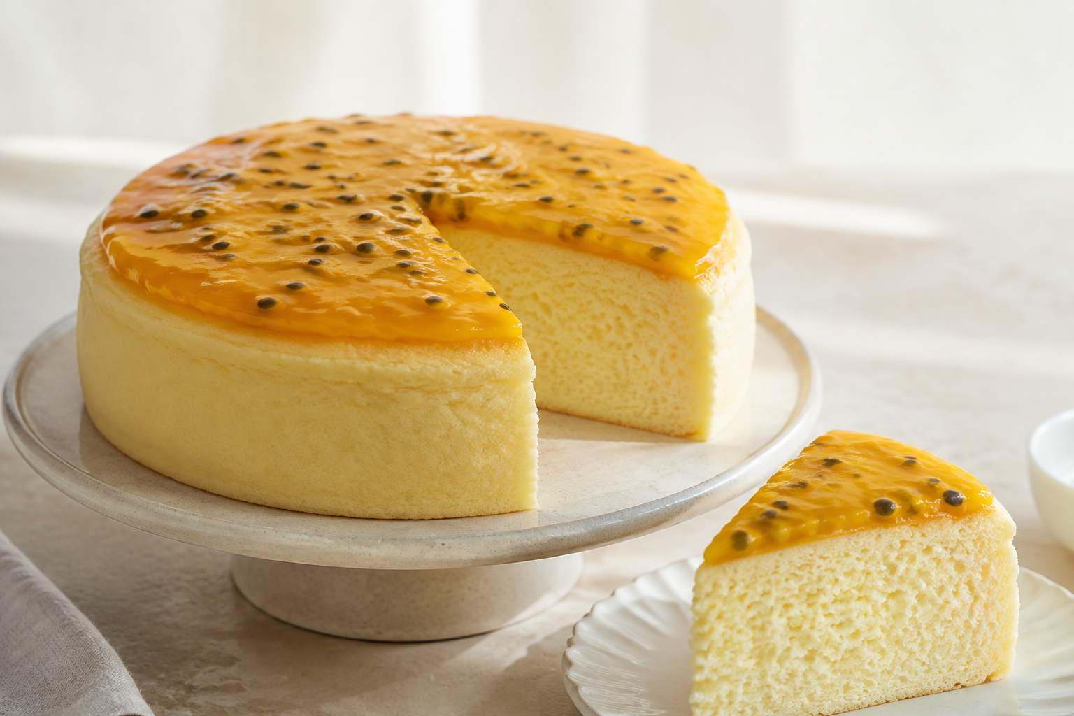 Japanse cotton cheesecake met mango en passievrucht