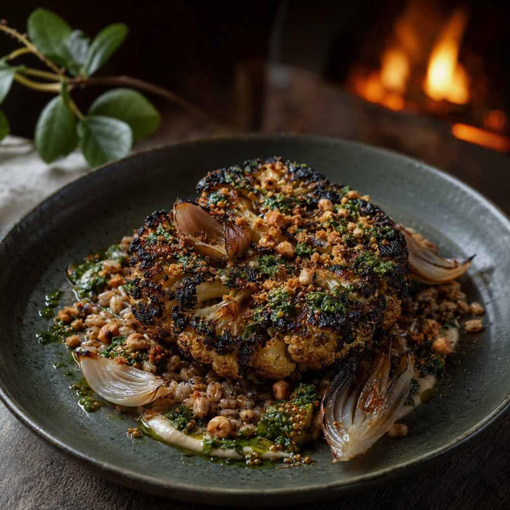 Miso-bloemkool van de kamado met zwarte knoflook, gerookte ui, hazelnoot en parelgort