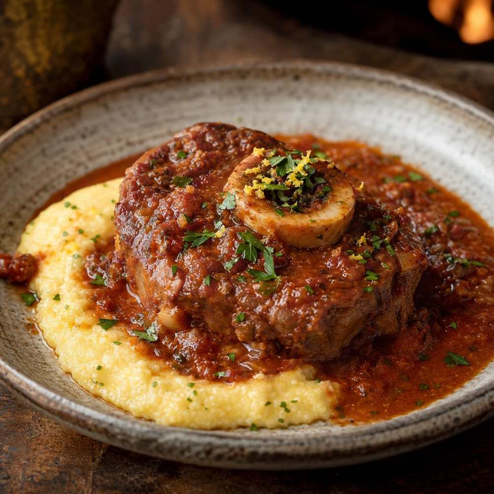 Ossobuco al Barolo van de kamado met zachte polenta