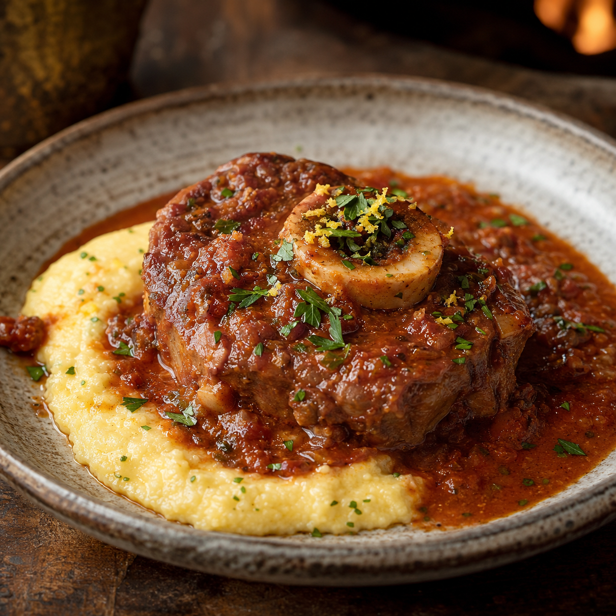 Ossobuco al Barolo van de kamado met zachte polenta