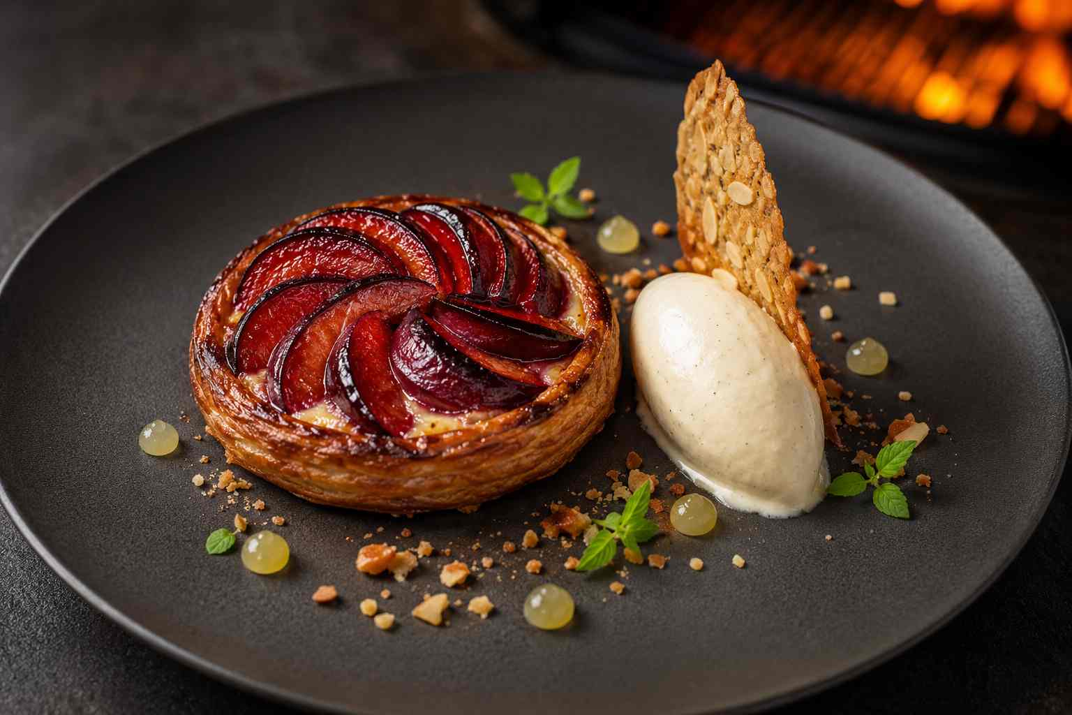 Kamado-pruimentaartje met gerookte amandelfrangipane, honing–mascarpone-ijs en verveine