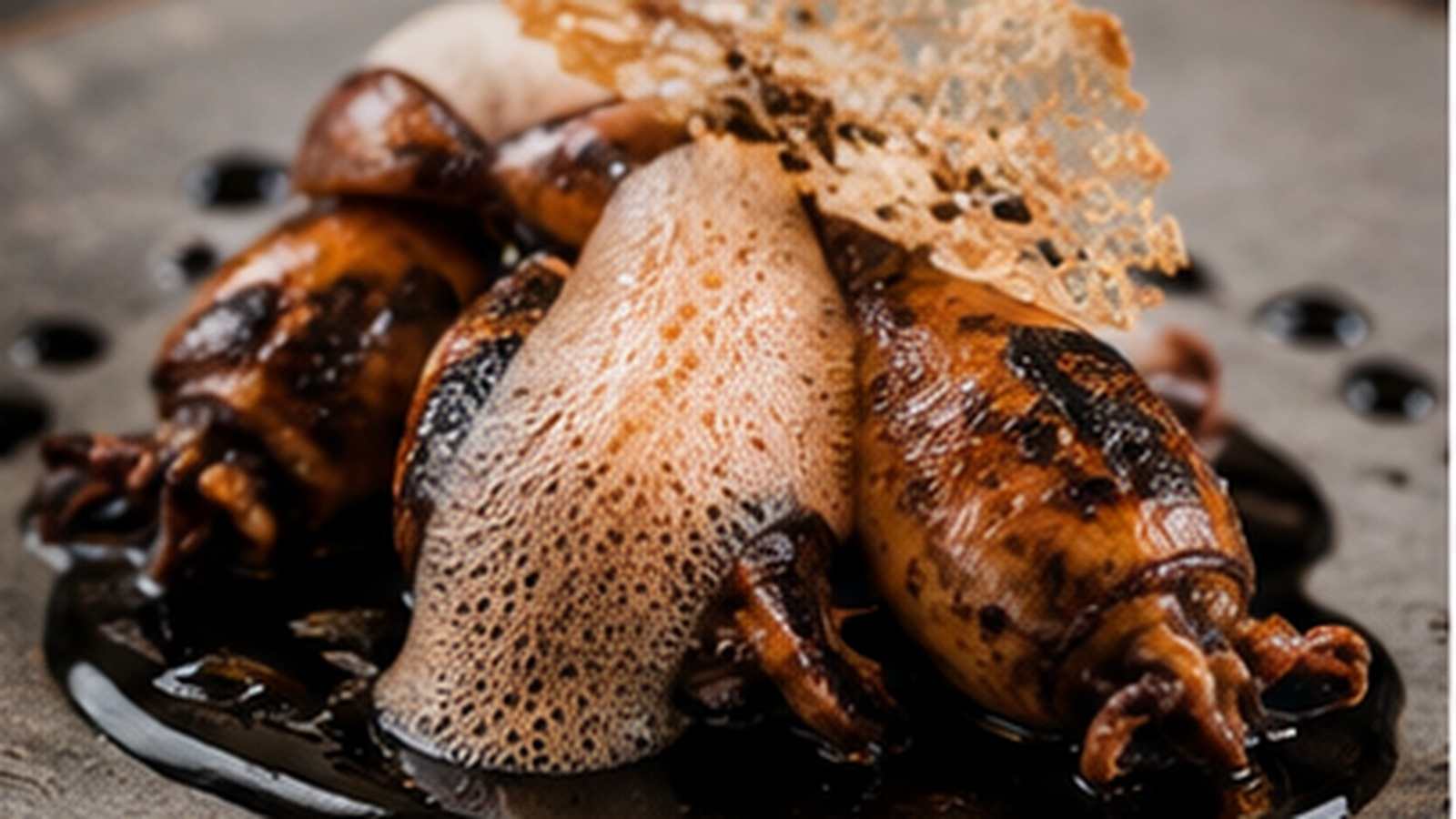 Baby-inktvis in eigen inkt met tomaat-vodkaschuim en tapiocakrokant