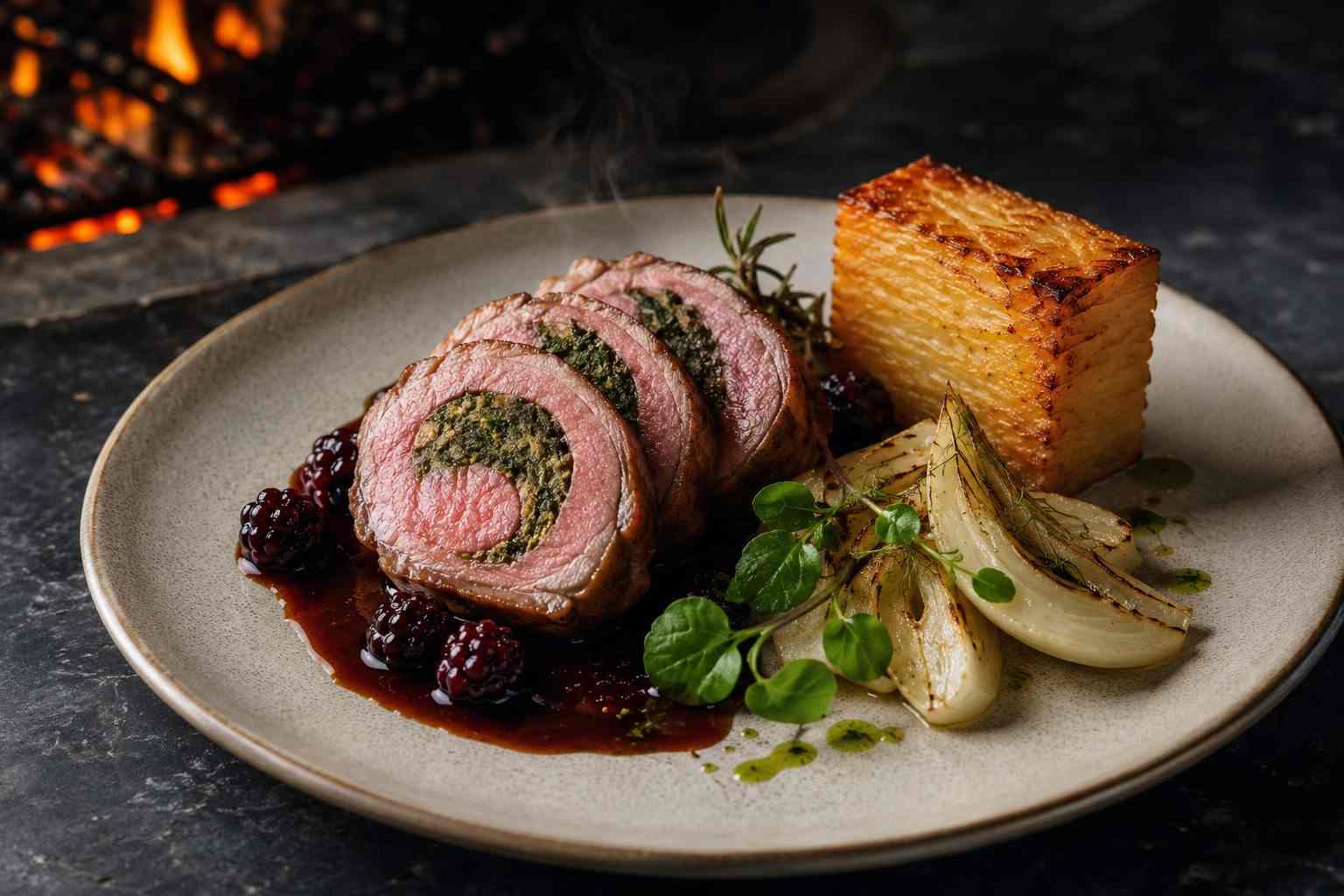 Lamszadel van het draaispit met kruidenfarce, aardappelpavé, venkel en bramenjus