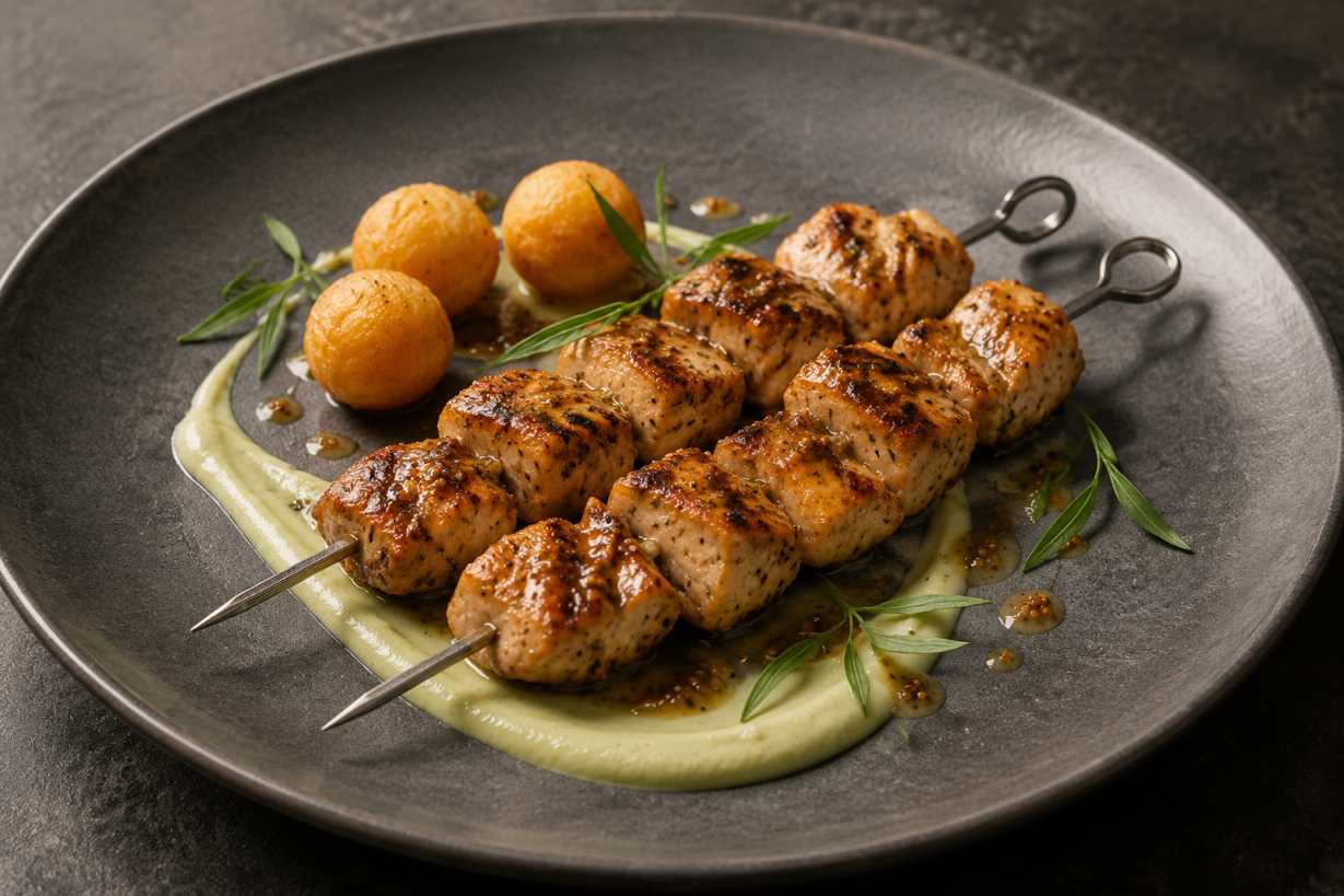 Franse kipspiezen met dragon-mosterdlak, preicrème en pommes dauphine