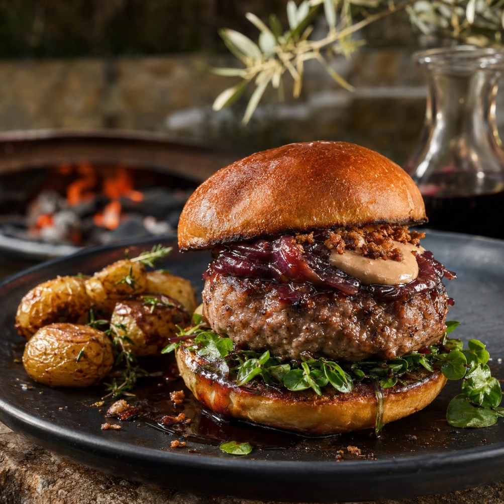 Eendenburger met kersen-portcompote en eendenlevermousse