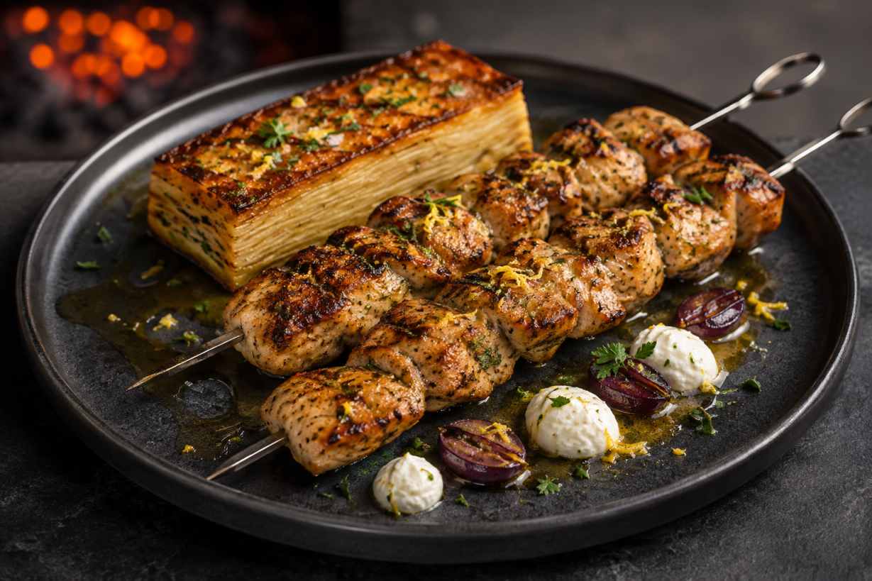 Souvlaki van kippendij met citroen-oreganojus, fetacrème en aardappelpavé