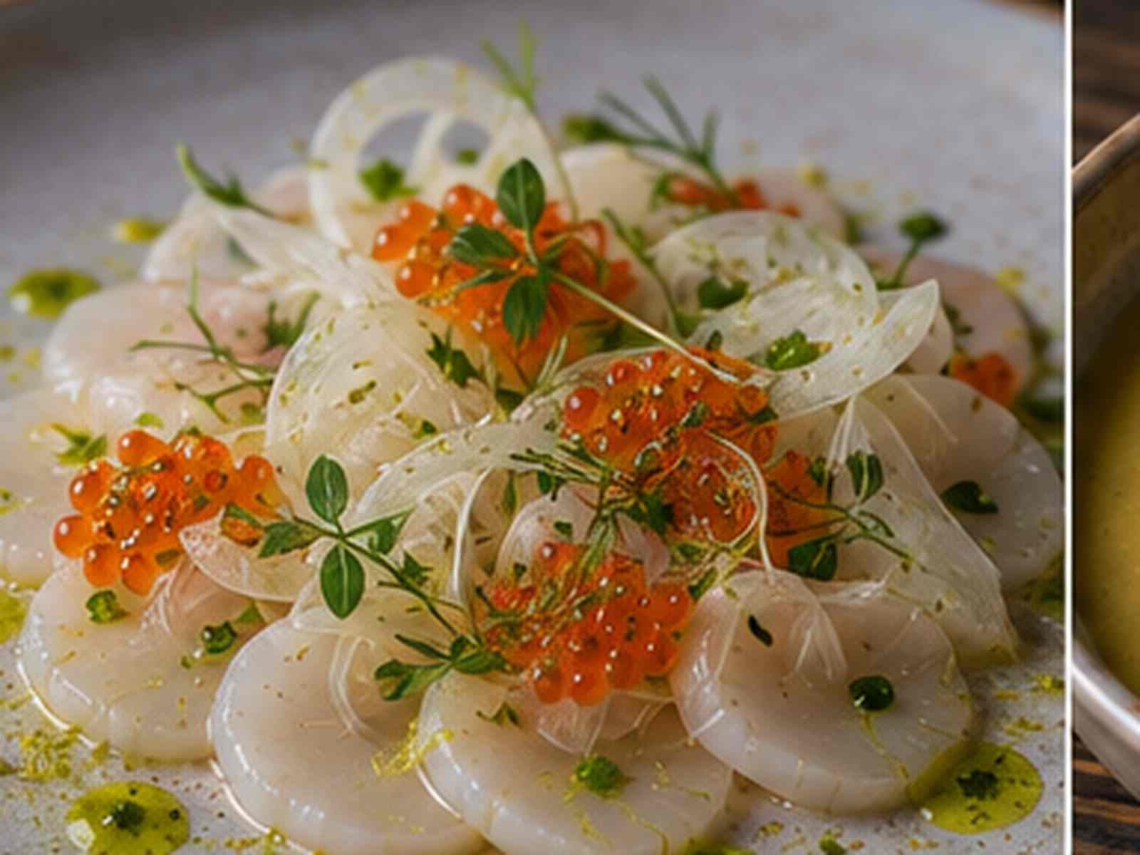 Crudo van coquille met limoen, venkel, forelkaviaar en dilleolie