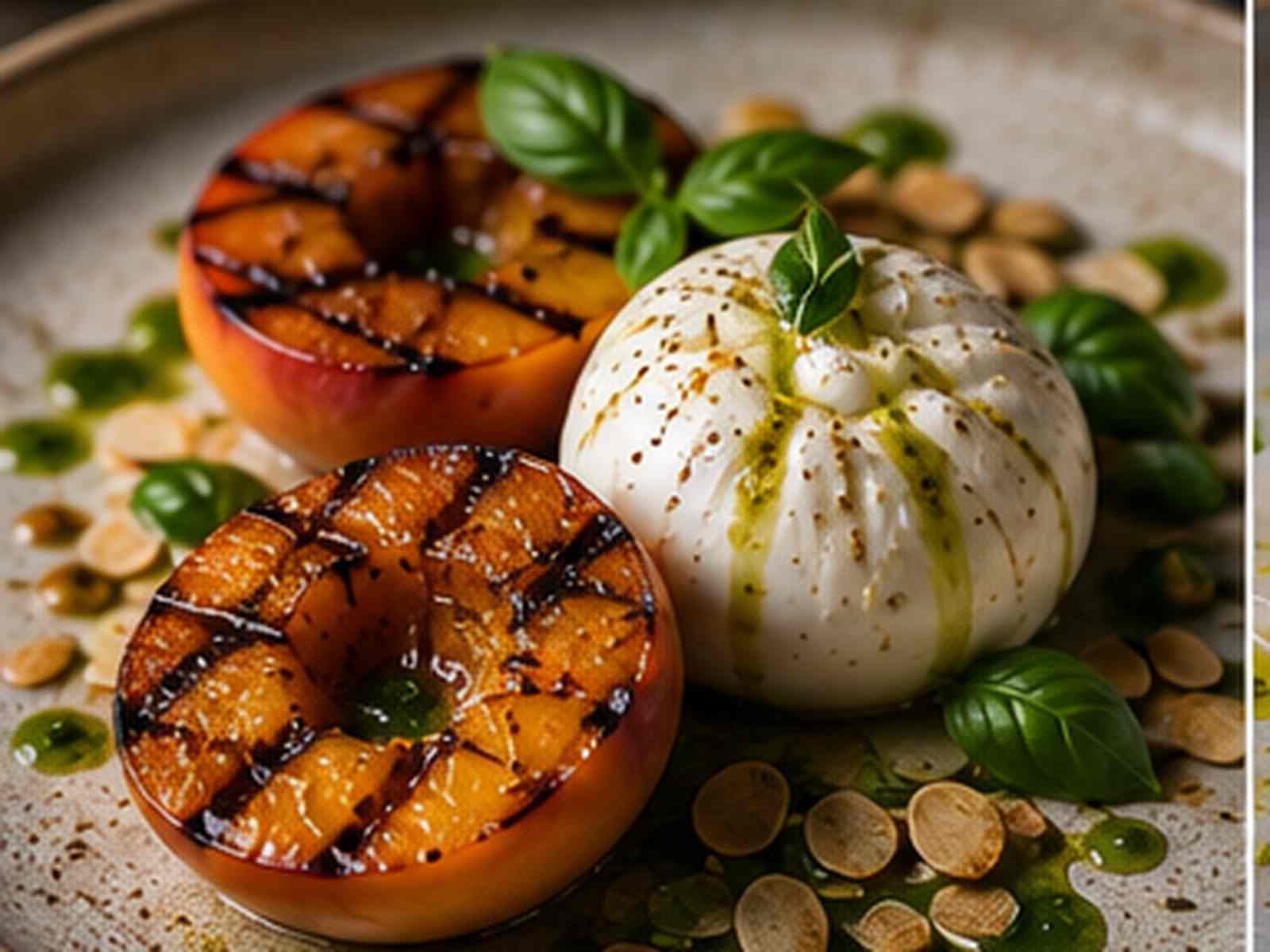 Gegrilde perzik met burrata, basilicumolie en geroosterde amandel