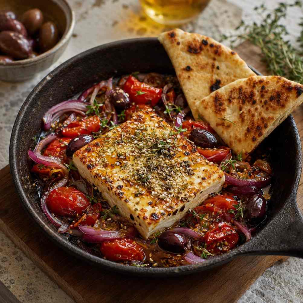 Feta saganaki van de BBQ met honing, sesam en tomaat